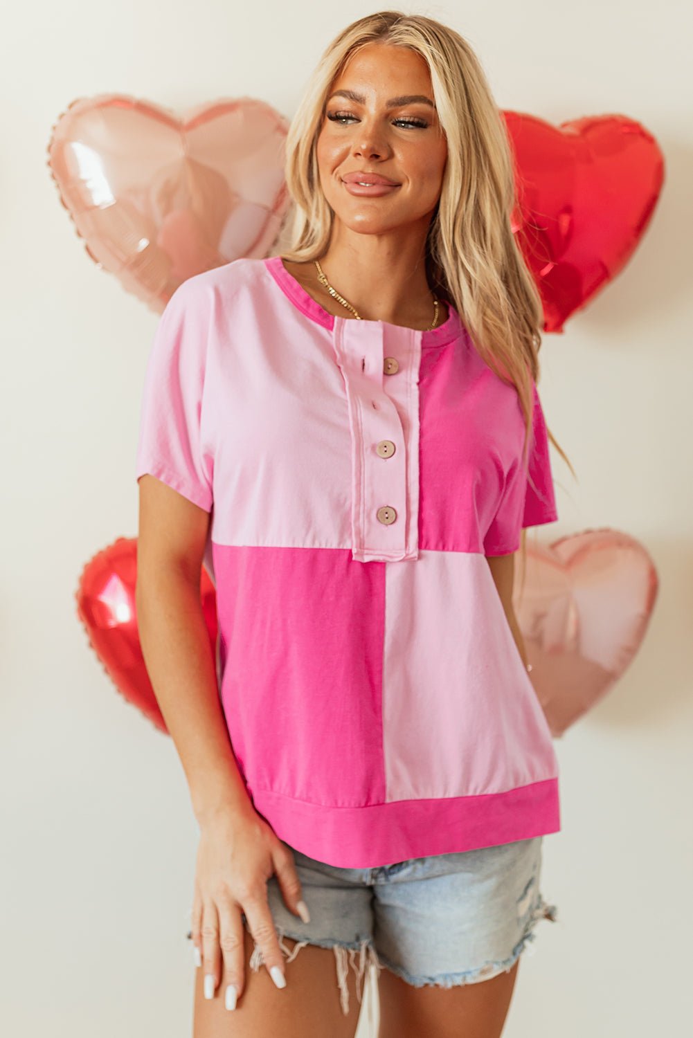 Colorblock Checker Half Button Henley T-Shirt