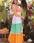 Colorblock Self-Tie Straps Pocketed Flowy Maxi Dress