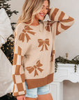 Bow Checker Stripe Patchwork Sleeve Sweater