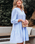 Stripe 3/4 Sleeve Pocketed Tiered Dress