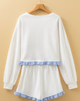 Ruffle Trim Patchwork Pullover and Shorts Set