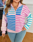 Plus Size Stripe Colorblock Half Zip Sweater
