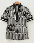 Geometric Scallop Trim Patchwork Puff Sleeve Blouse