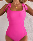 Solid Square Neck Tie Strap Open Back Swimsuit