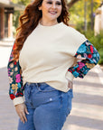 White Floral Patchwork Sleeve Textured Plus Size Pullover Top