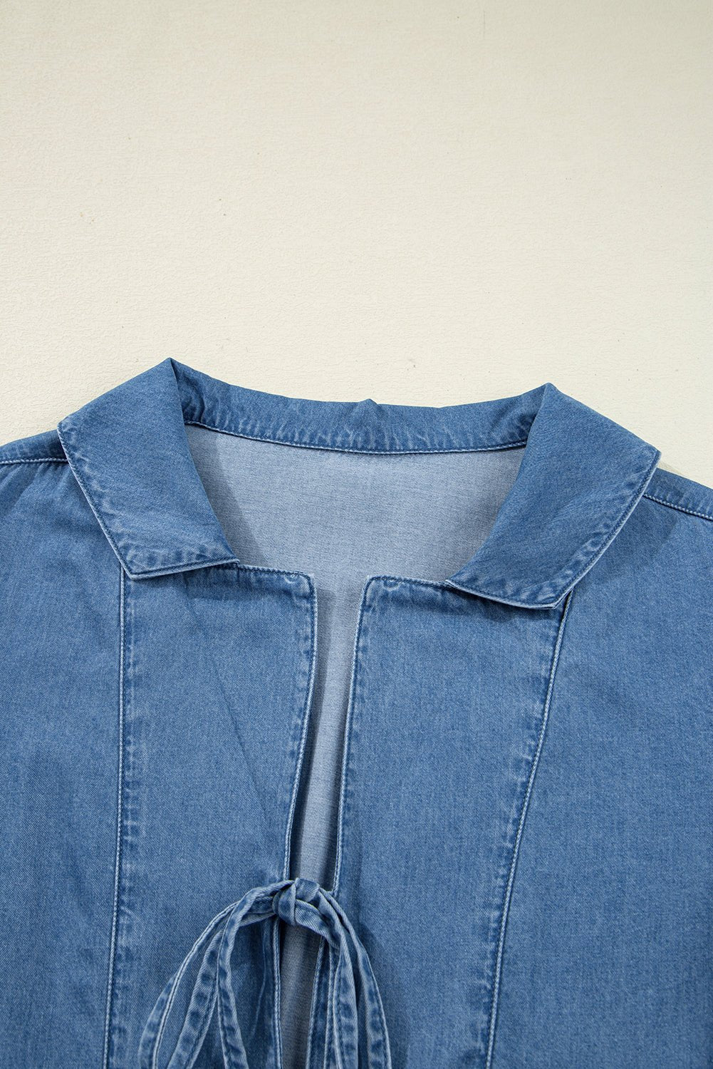 Denim Lapel Collar Balloon Sleeve Peplum Top