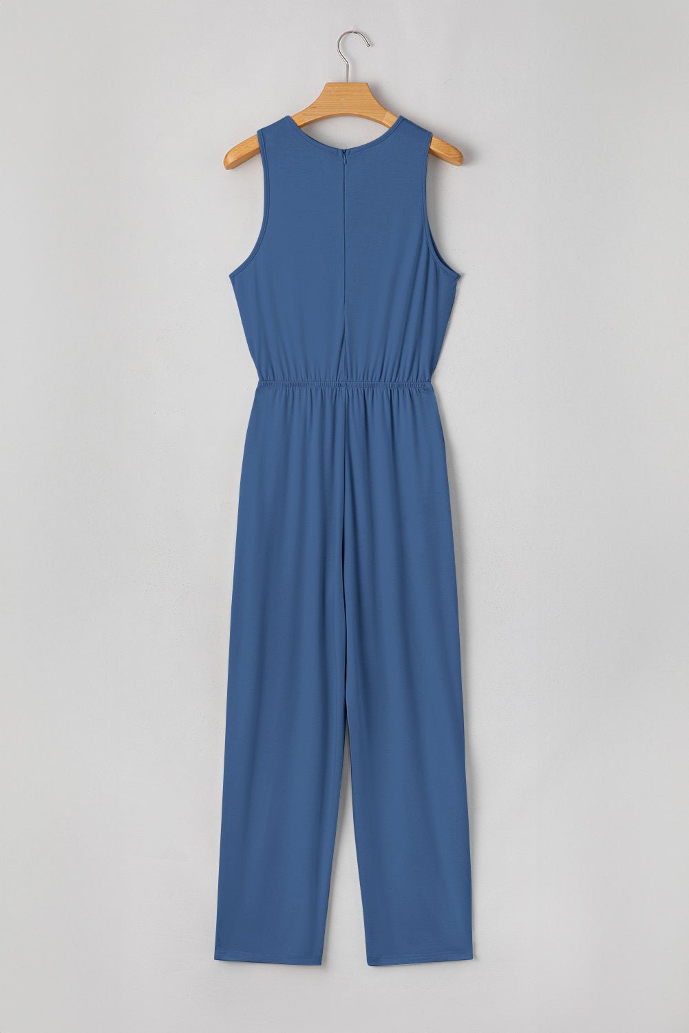 Solid Pleated Detail Sleeveless Elastic Waist Jumpsuit