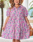 Plus Size Floral Half-Button Puff Sleeve Dress