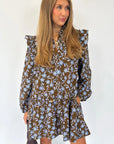 Floral Ruffle Shirt Collar Buttoned Long Sleeve Dress