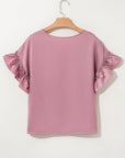 Solid Satin Ruffle Short Sleeve V-Neck Top