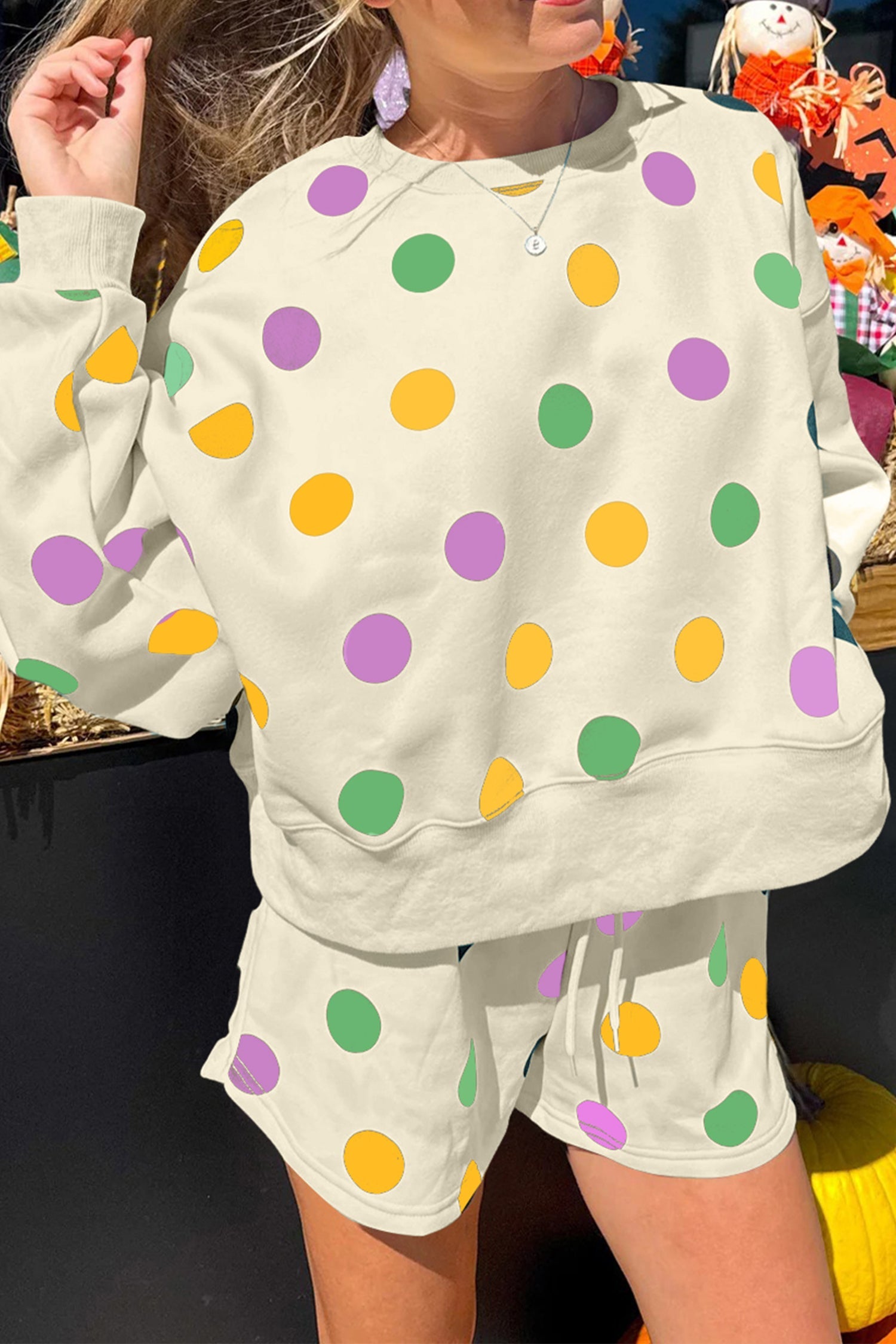 Polka Dot Pullover and Drawstring Shorts Set