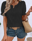 Solid Textured Notch Neck Puff Sleeve Blouse