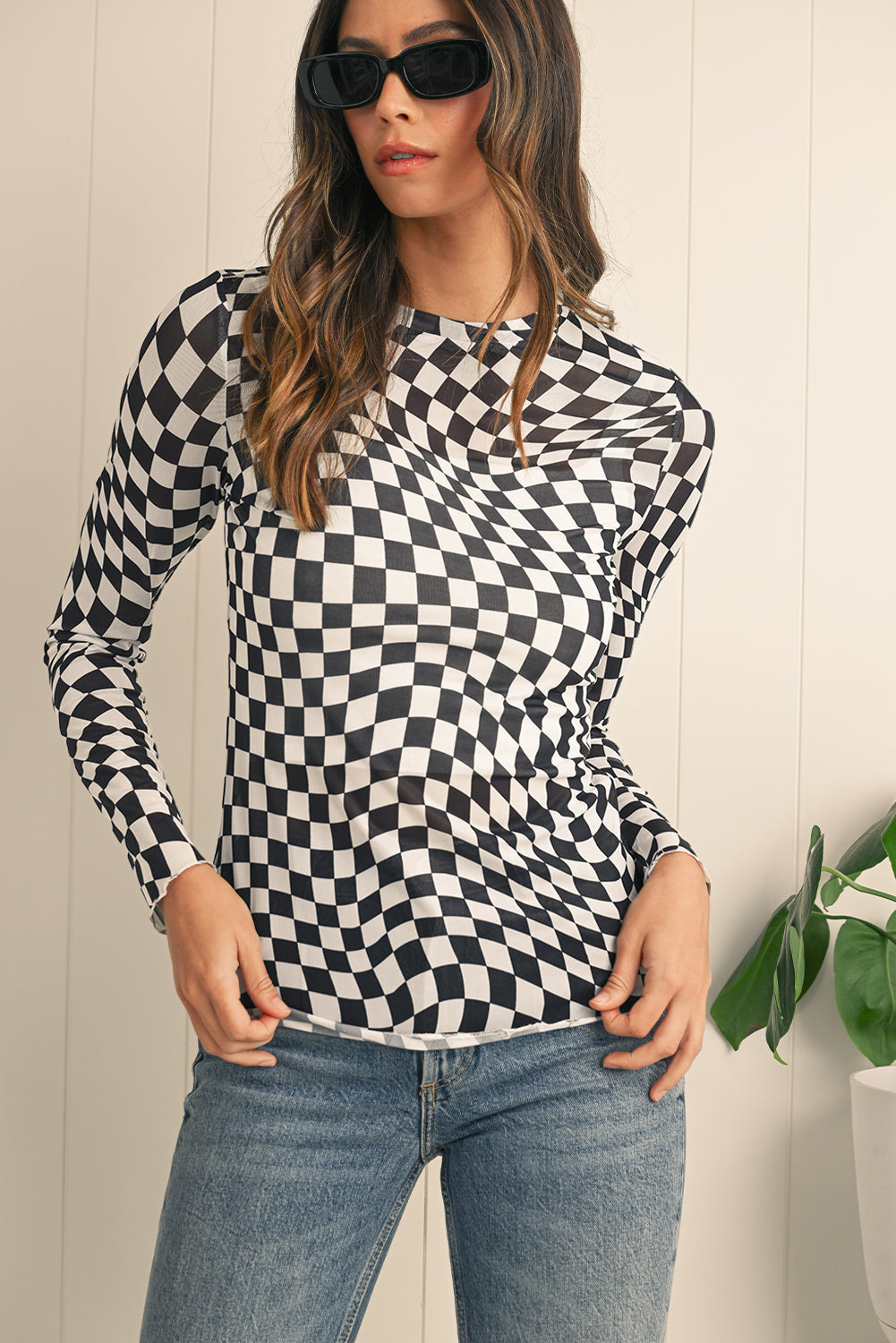 Checkered Pattern Mesh Long Sleeve Top