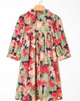 Floral Frilled Collar V-Neck 3/4 Sleeve Dress
