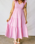 Smocked V-Neck Flutter Sleeve Tiered Midi Dress