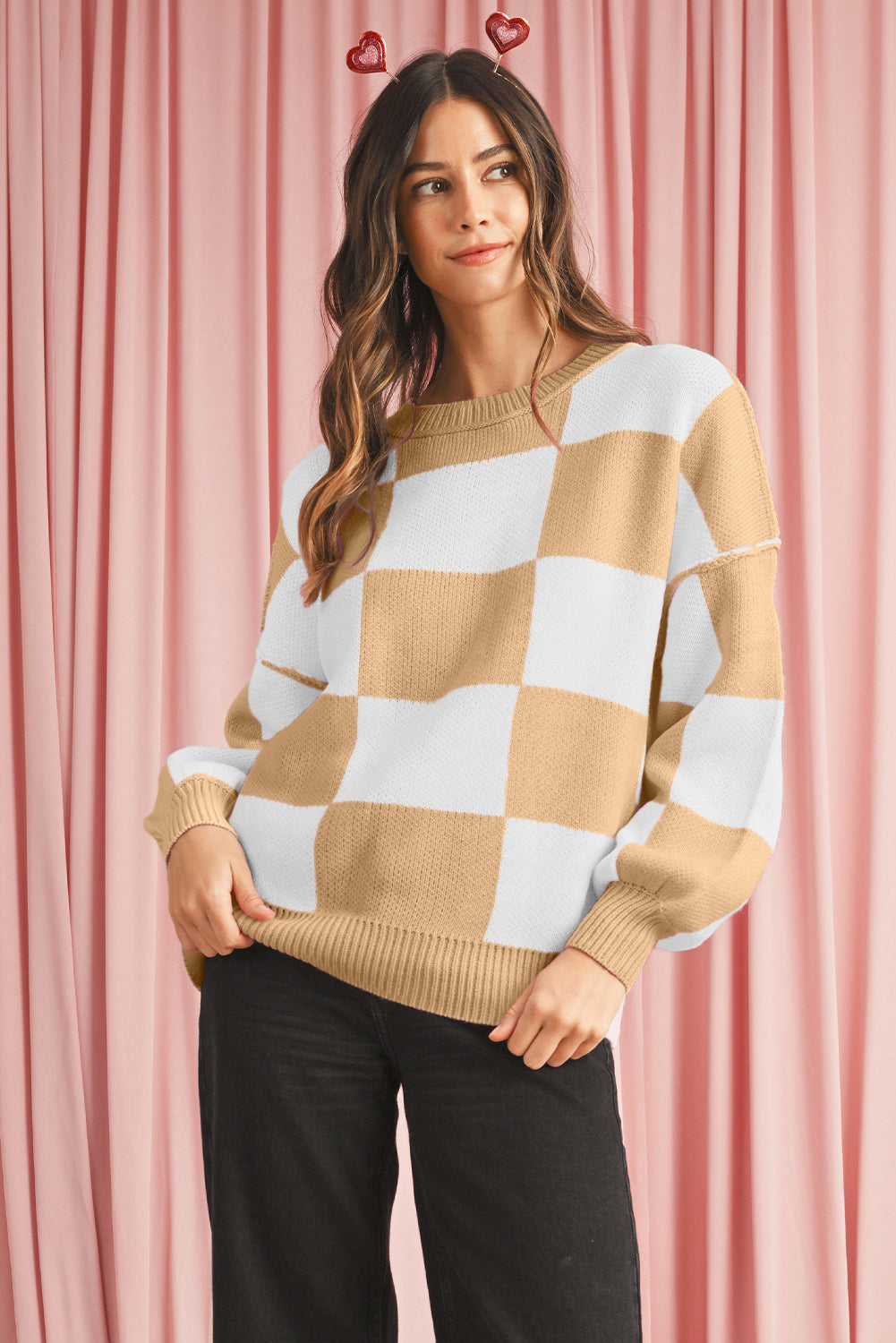 Checkered Bishop Sleeve Pullover Sweater