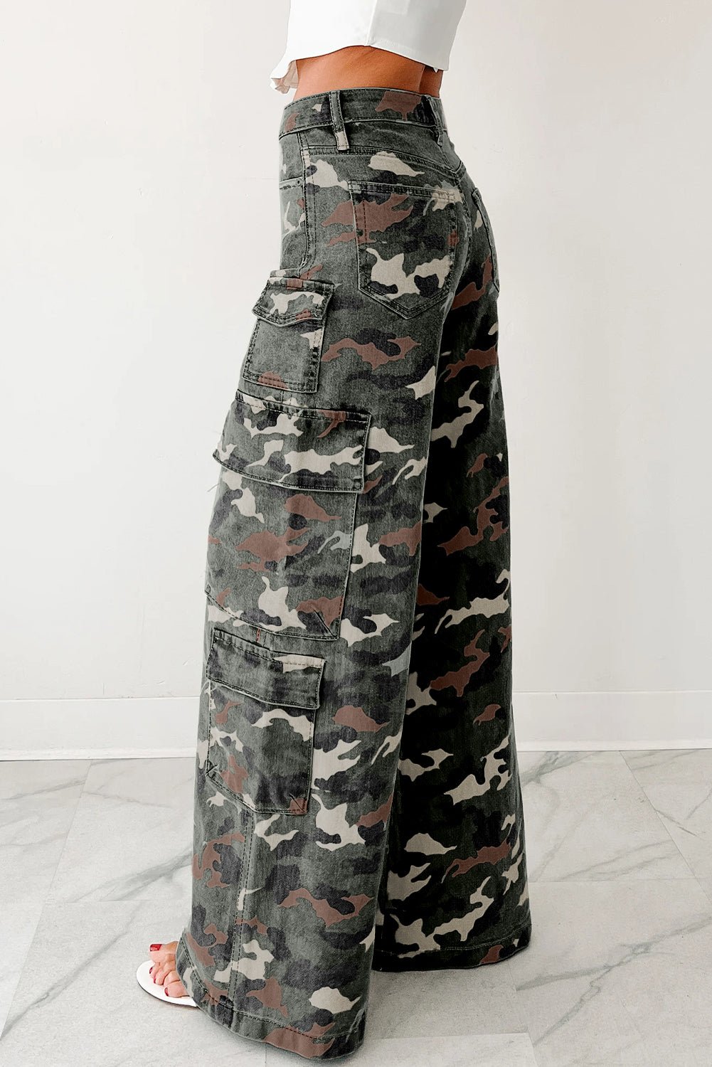 Camo Denim Cargo Wide Leg Pants