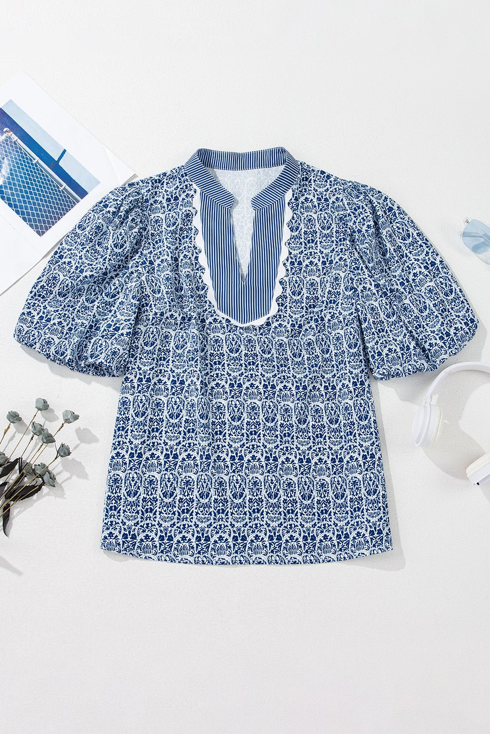 Floral Stripe Contrast Ric-Rac Puff Sleeve Top