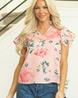 Floral Frilled V-Neck Pleated Sleeve Blouse