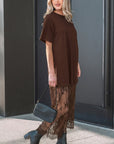 Solid Lace Patchwork Short Sleeve Maxi Dress