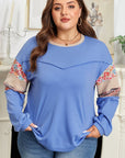 Khaki Exposed Seam Floral Mixed Patchwork Relaxed Plus Size Top