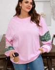 Plus Size Floral Patch Sleeve Ribbed Trim Sweatshirt