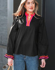 Stripe Trim Ruffle Split Neck Long Sleeve Blouse