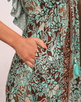 Floral V-Neck Ruffle Trim Backless Tassel Waist Dress