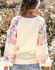 Floral Patchwork Balloon Sleeve Textured Blouse