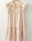 Floral Embroidered Pom Pom Ruffle Sleeve Dress