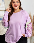 Plus Size Floral Patch Colorblock Long Sleeve Top