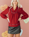 Leopard Contrast Trim V-Neck Textured Blouse