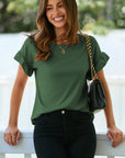Solid Ribbed Knit Ruffle Short Sleeve T-Shirt