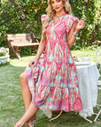 Tribal Paisley Ruffle Sleeve Notch Neck Midi Dress