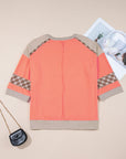 Plaid Flower Waffle Knit Patchwork 3/4 Sleeve Top