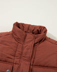 Solid Quilted Stand-Neck Zip-Up Buttoned  Puffer Coat