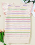 Stripe Eyelet Knit Ruffle Sleeve Sweater