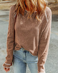 Solid Waffle Knit Round Neck Long Sleeve Top