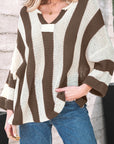 Colorblock Stripe V-Neck 3/4 Sleeve Sweater