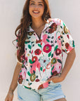 Floral Slit V-Neck Short Sleeve Blouse