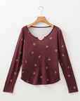 Floral Ribbed Notched Neck Long Sleeve Top
