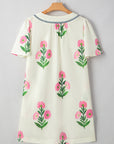 Floral Short Sleeve Split Neck Mini Dress