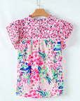 Floral Patchwork Ruffle Cap Sleeve Blouse