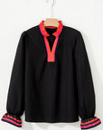 Stripe Trim Ruffle Split Neck Long Sleeve Blouse