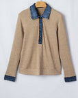 Denim Patchwork Ribbed Knit Polo Collar Top