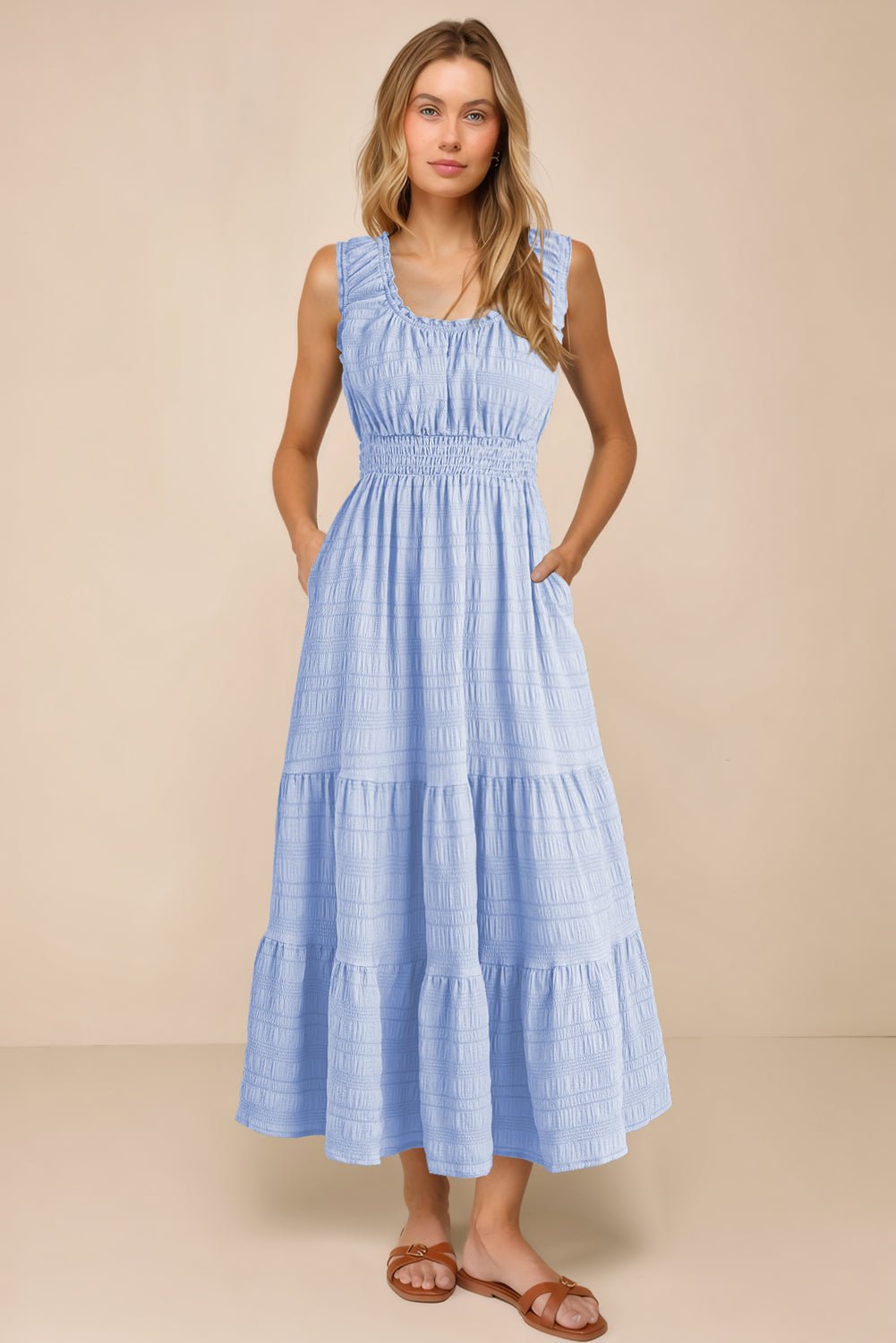 Shirred Pleated Square Neck Sleeveless Midi Dress