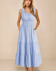 Shirred Pleated Square Neck Sleeveless Midi Dress