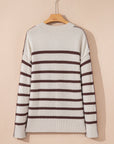 Stripe Ribbed Slouchy Drop Shoulder Henley Sweater