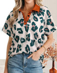 Leopard Buttoned Contrast Collar Short Sleeve Blouse