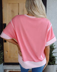Colorblock 3/4 Sleeve Raw Seam High-Low Top